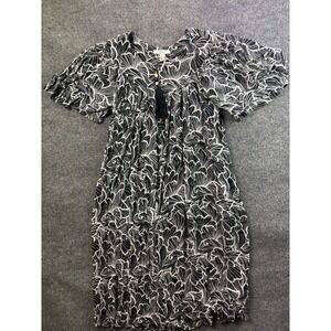 Go Softly Patio Muumuu Dress Womens Small Black White Leaf Print Tassel Rayon